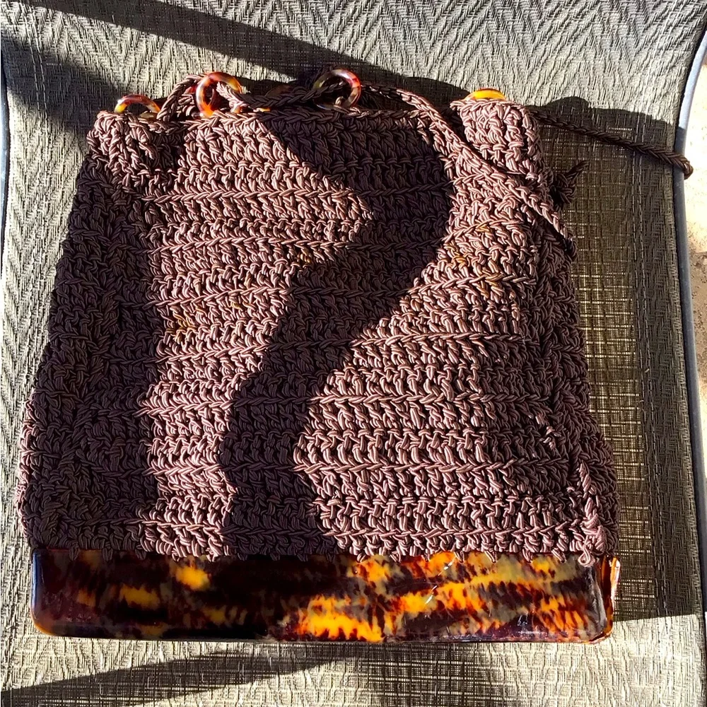 Carrie Forbes Brown Macrame Crochet Woven Tortoise Shell Backpack - Picture 2 of 12